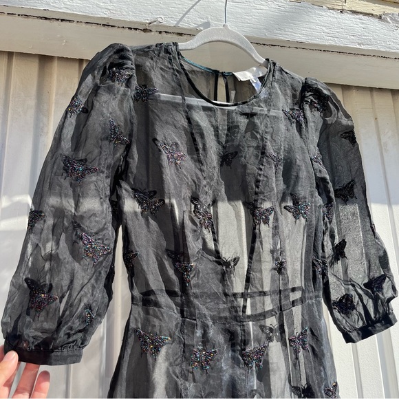 FLEUR DU MAL black sheer silk organza mesh puff short sleeve butterfly beaded - Picture 3 of 8